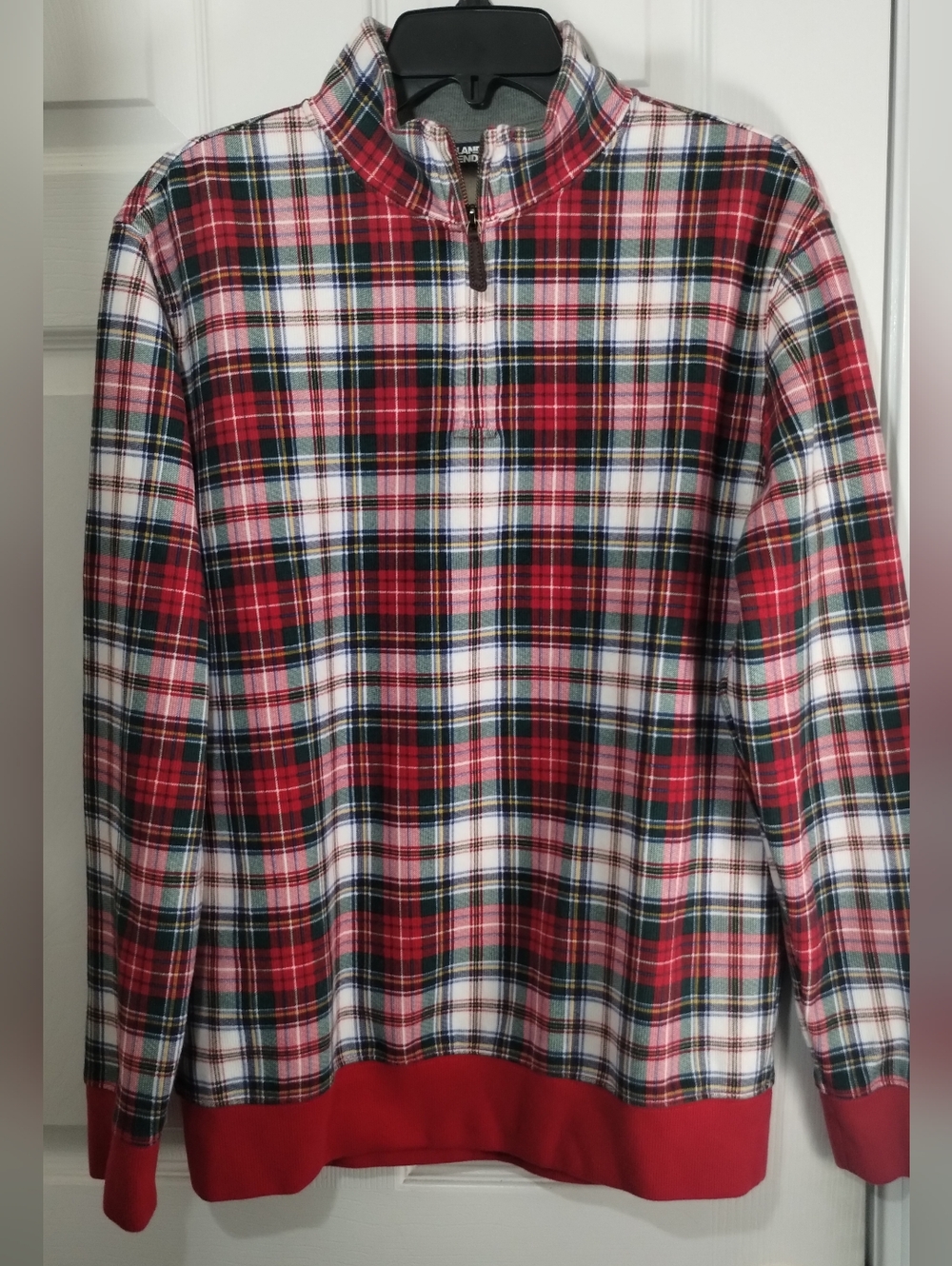 Men's Lands' End Plaid Red/Green Quarter Zip Pullover